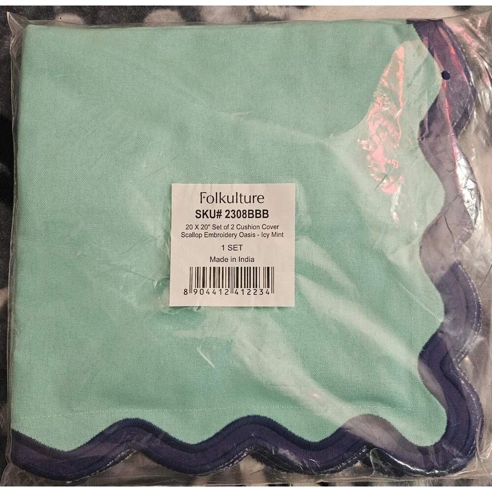 Scalloped Throw Pillow Covers 20 x 20, Set of 2 Cotton Pillow Covers, Icy Mint